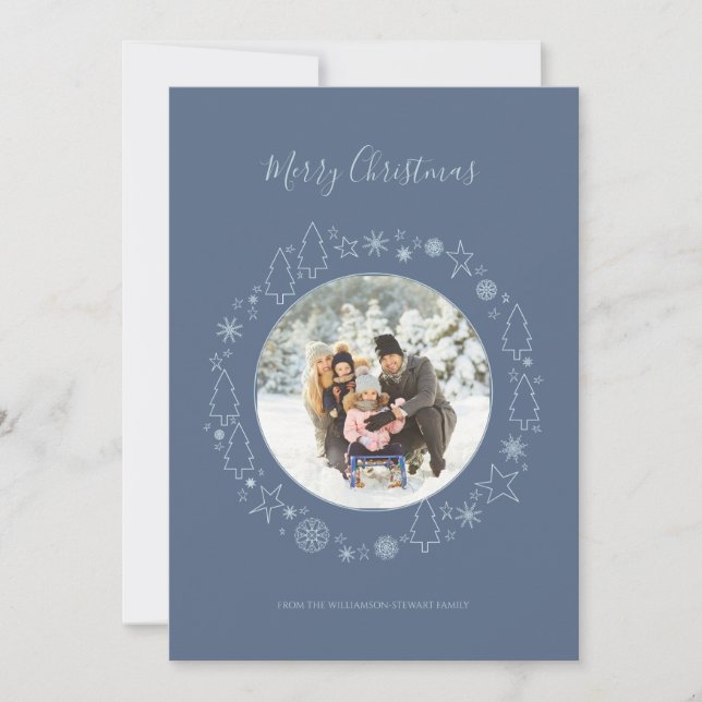 Elegant Blue Photo Handrawn Wreath  Holiday Card (Front)