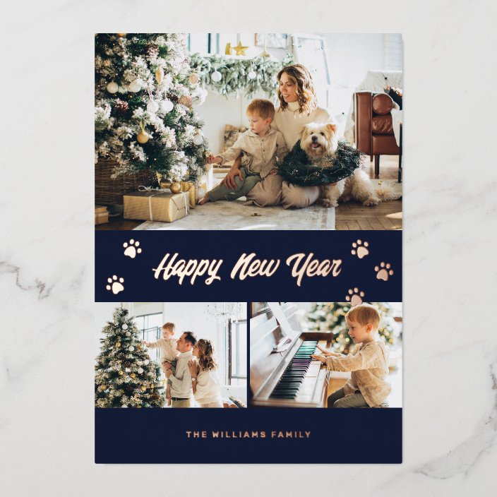 Elegant Blue Photo Happy New Year Rose Gold