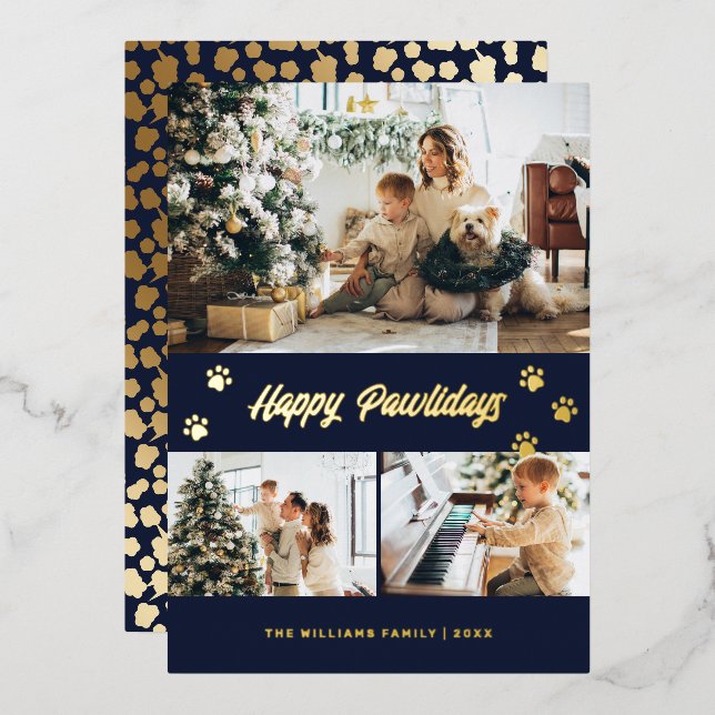 Elegant Blue Photo Happy Pawlidays Gold Foil Holiday Card (Front/Back)