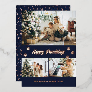 Elegant Blue Photo Happy Pawlidays Rose Gold Foil Holiday Card