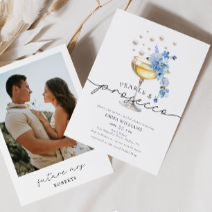 Elegant Blue Photo Pearls & Prosecco Bridal Shower Invitation