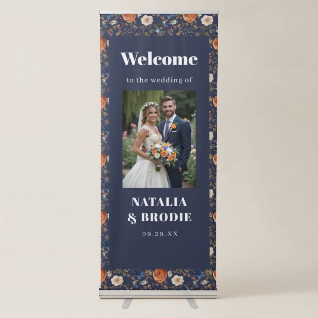 Elegant Blue Photo Wedding Welcome Retractable Banner (Front)
