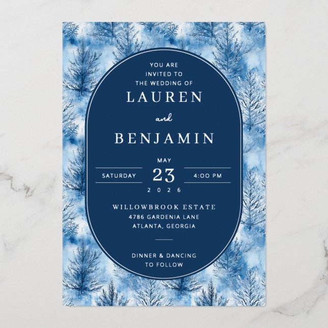 Elegant Blue Pine Tree Wedding Invitation Foil Invitation (Front)