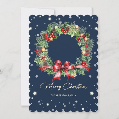 Elegant Blue Pine Wreath Photo Merry Christmas Holiday Card
