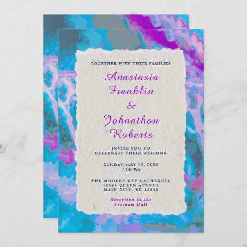 Elegant Blue Pink Abstract Watercolor Wedding Invitation