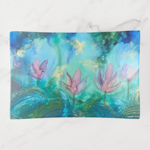 Elegant blue pink and green watercolor floral trinket tray