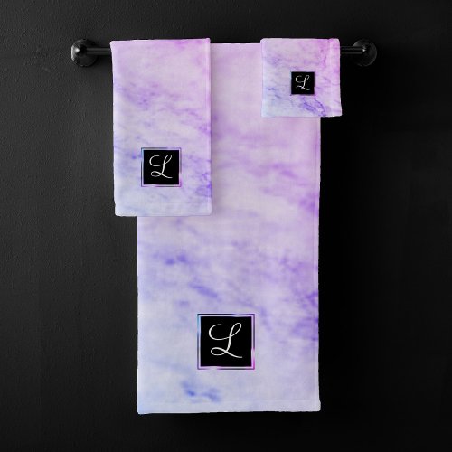 Elegant Blue Pink and Purple Ombre Textured Marble Bath Towel Set