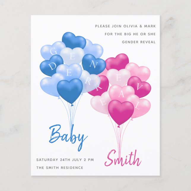 Elegant blue pink balloon gender reveal invitation (Front)