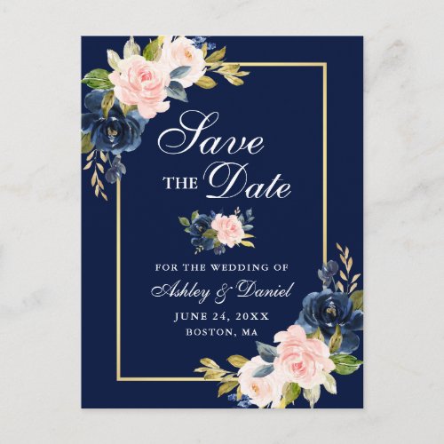 Elegant Blue Pink Blush Floral Gold Save the Date Announcement Postcard
