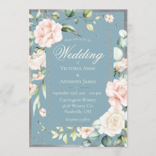 Elegant Blue Pink Blush Watercolor Floral Wedding Invitation