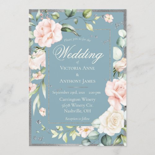 Elegant Blue Pink Blush Watercolor Floral Wedding  Invitation