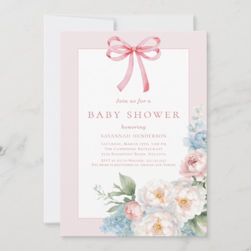 Elegant Blue Pink Bow Floral Baby Shower Invitation