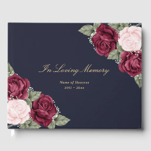 Elegant Blue Pink Burgundy Floral Funeral Guest Book