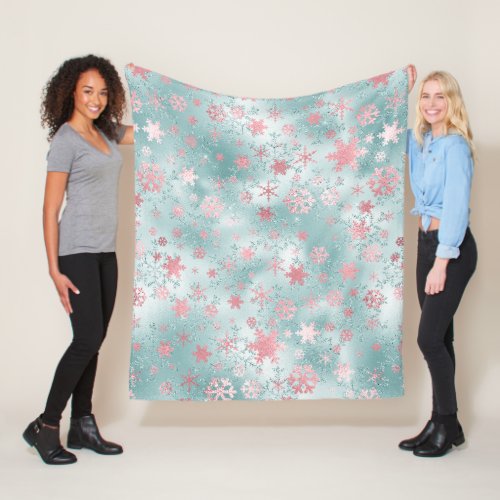 Elegant Blue Pink Christmas Snowflake Pattern Fleece Blanket