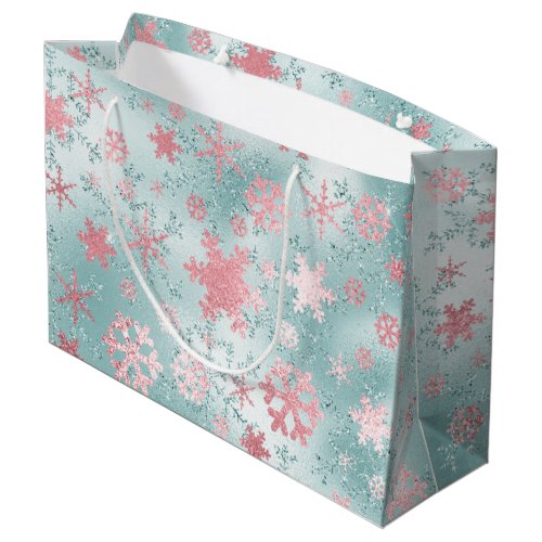 Elegant Blue Pink Christmas Snowflake Pattern Large Gift Bag