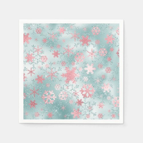 Elegant Blue Pink Christmas Snowflake Pattern Napkins