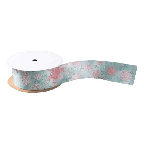 Elegant Blue Pink Christmas Snowflake Pattern Satin Ribbon