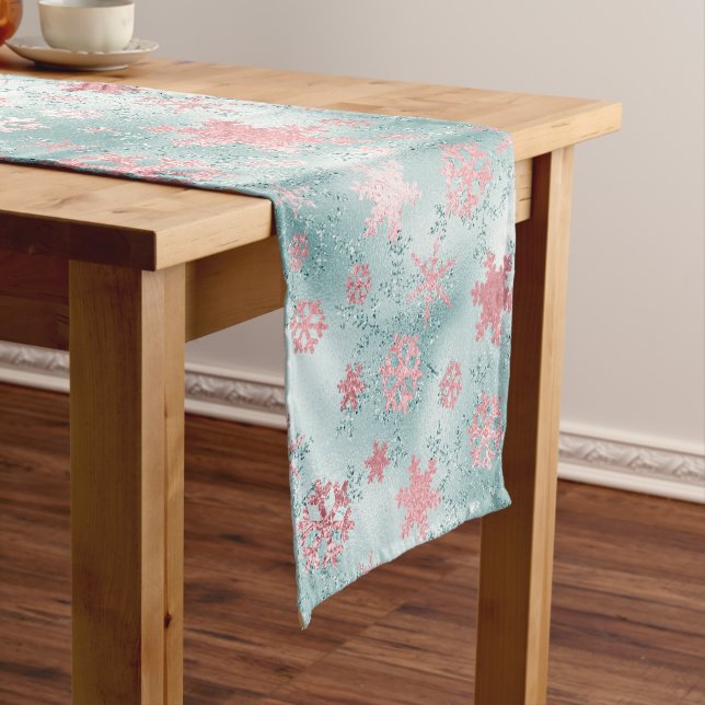 Elegant Blue Pink Christmas Snowflake Pattern Short Table Runner (In Situ)