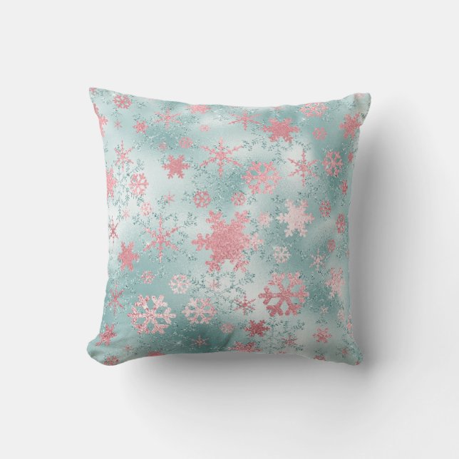 Elegant Blue Pink Christmas Snowflake Pattern Throw Pillow (Front)