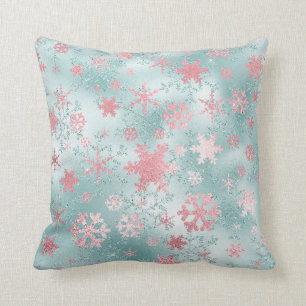 Elegant Blue Pink Christmas Snowflake Pattern Throw Pillow