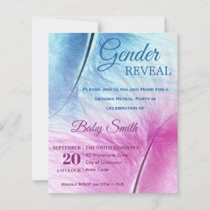 Elegant Blue Pink Feather Gender Reveal Invitation