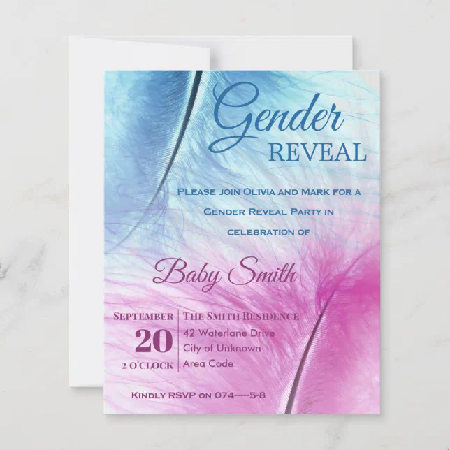 Elegant Blue Pink Feather Gender Reveal Invitation | Zazzle