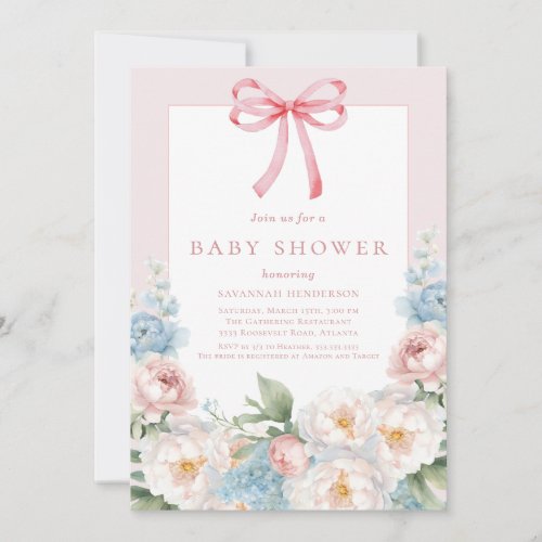 Elegant Blue Pink Floral Bow Baby Shower Invitation