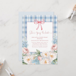 Elegant Blue Pink Floral Bow Gingham Bridal Shower Invitation
