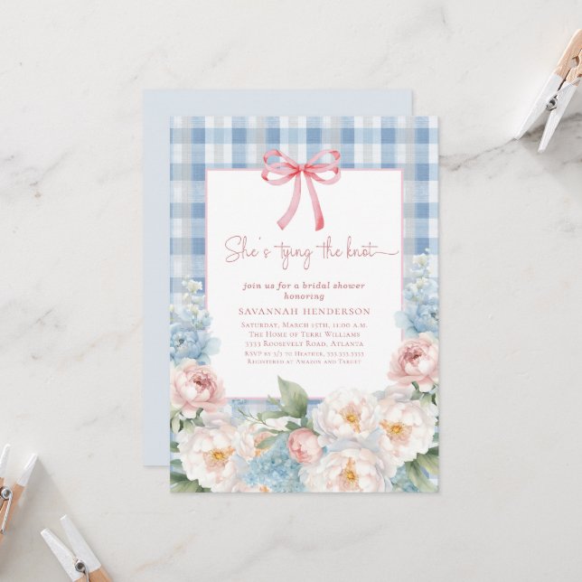 Elegant Blue Pink Floral Bow Gingham Bridal Shower Invitation (Front/Back In Situ)