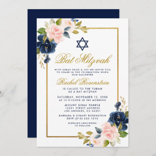Elegant Blue Pink Floral Gold Frame Bat Mitzvah Invitation