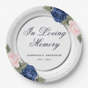 Elegant Blue Pink Floral Memorial Funeral Paper Plates