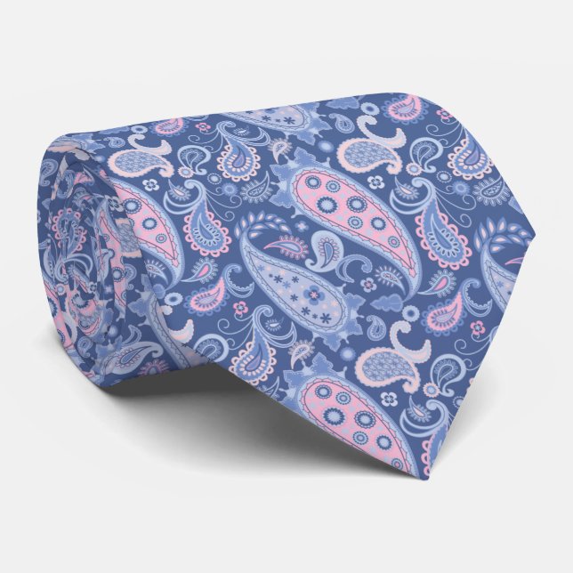 Elegant Blue & Pink Floral Paisley Neck Tie (Rolled)