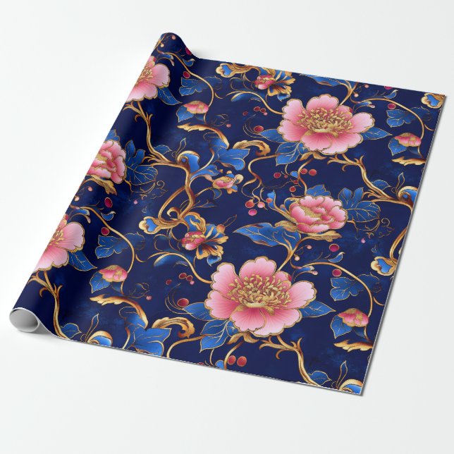 Elegant blue pink floral pattern wrapping paper (Unrolled)