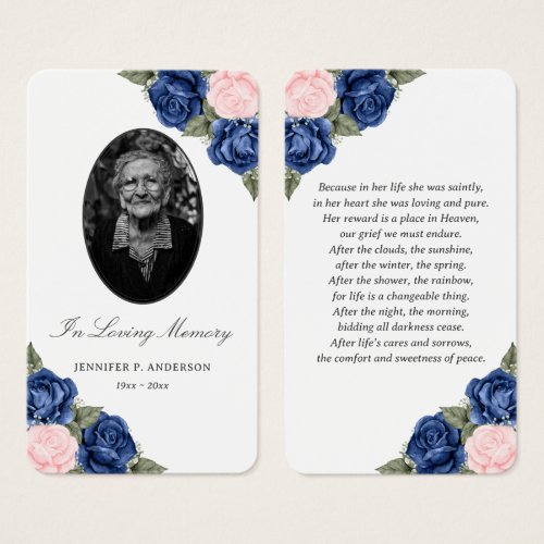 Elegant Blue Pink Floral Photo Funeral Prayer Card