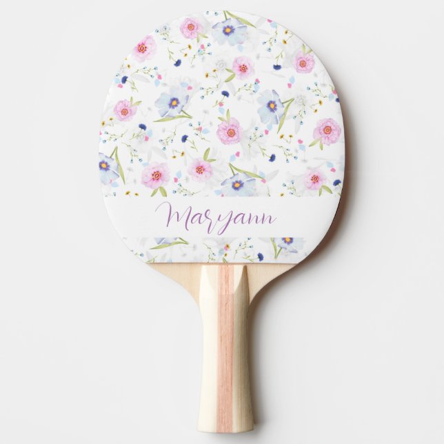 Elegant Blue Pink Floral Print Custom Ping Pong Paddle (Front)