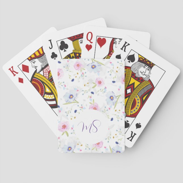 Elegant Blue & Pink Floral Print Customized Poker Cards (Back)