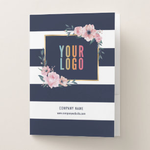 Elegant Blue Pink Floral Professional Business Pocket Folder