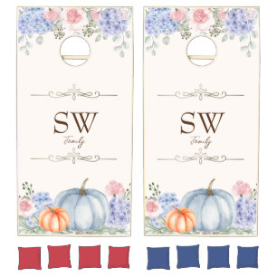 Elegant Blue Pink Floral Pumpkin Family Wedding Cornhole Set