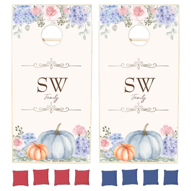 Elegant Blue Pink Floral Pumpkin Family Wedding Cornhole Set (Set)