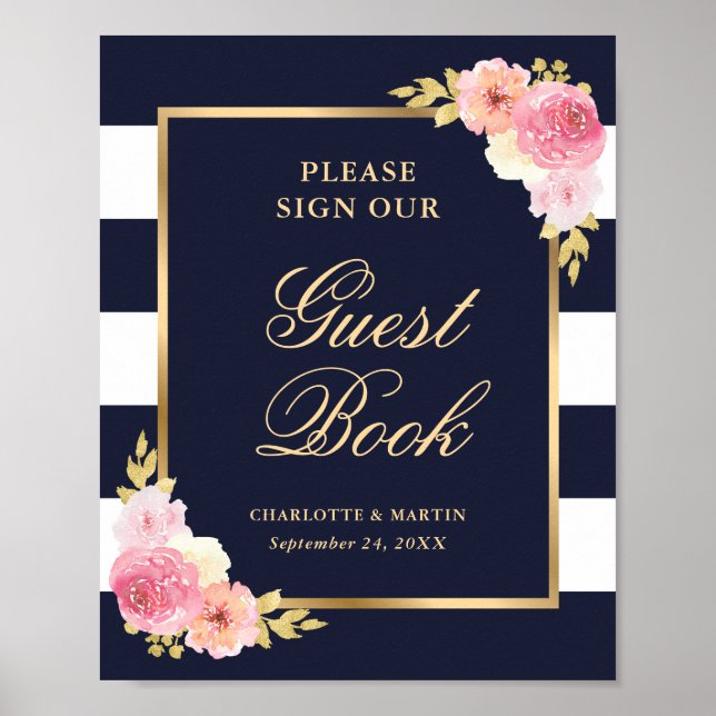 Elegant Blue Pink Floral Wedding Guest Book Sign (Front)