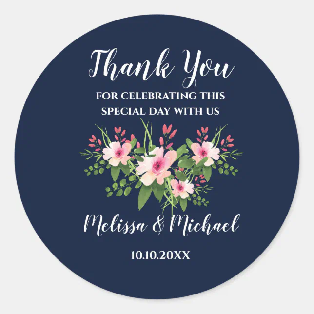 Elegant Blue Pink Floral Wedding Thank You Classic Round Sticker Zazzle