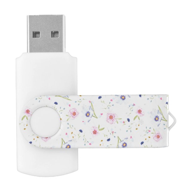 Elegant Blue & Pink Flower Pattern Flash Drive (Opened)