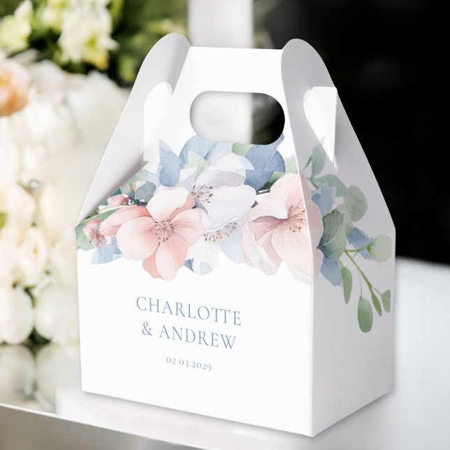 Elegant Blue Pink Flowers Wedding Favor Boxes (Elegant Blue Pink Flowers THANK YOU! Wedding Favor Boxes with your name and date.)