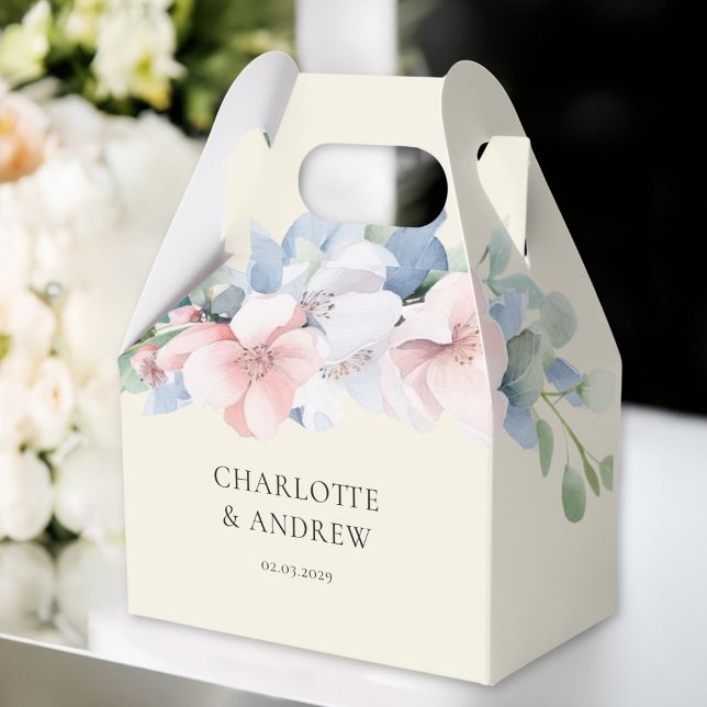 Elegant Blue Pink Flowers Wedding Favor Boxes (Elegant Blue Pink Flowers THANK YOU! Wedding Favor Boxes with your name and date.)