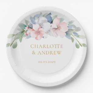 Elegant Blue Pink Flowers Wedding Paper Plates