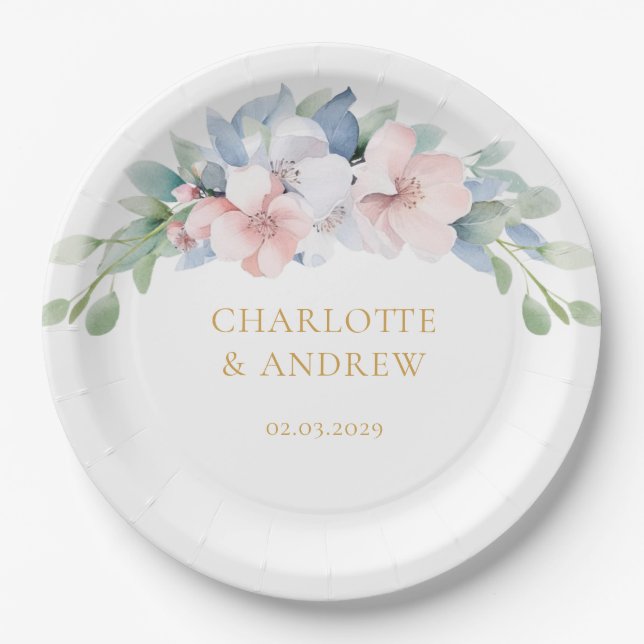 Elegant Blue Pink Flowers Wedding Paper Plates (Front)