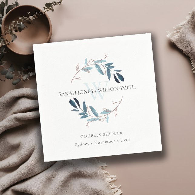 ELEGANT BLUE PINK FOLIAGE WREATH COUPLES SHOWER NAPKINS (Creator Uploaded)