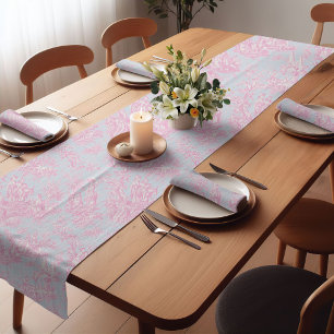 Elegant Blue Pink French Country Toile de Jouy Short Table Runner