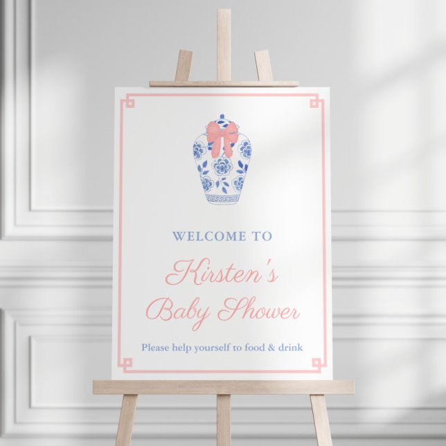 Elegant Blue Pink Ginger Jar Baby Shower Welcome Foam Board (Pretty hand painted ginger jar with pink bow baby shower welcome sign)
