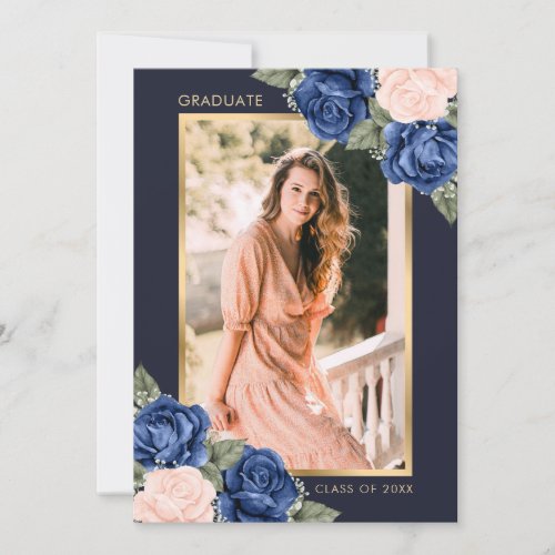 Elegant Blue Pink Gold Floral Photo Graduation Announcement
